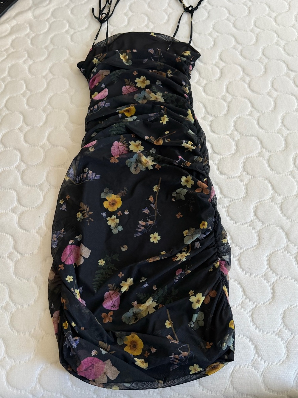 Sunday Best Black Floral Ruched Mini Dress with Pink & Yellow Accents